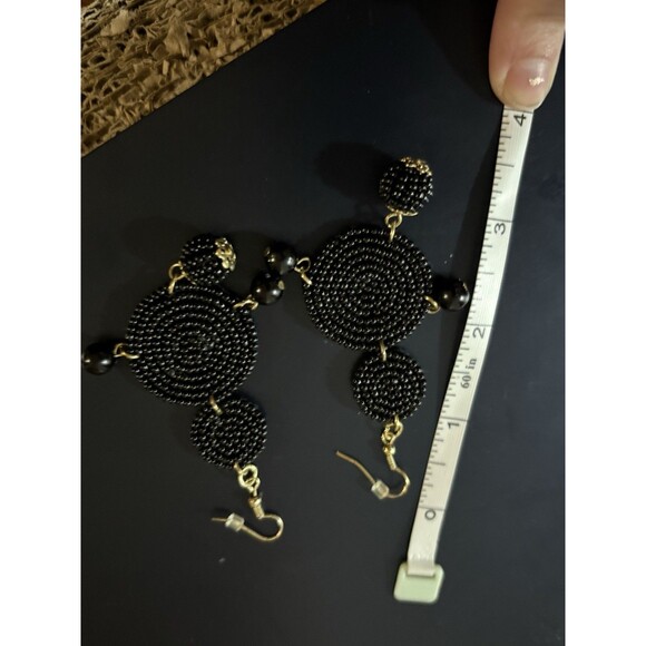 Beaded Drop Earrings Black, Seed Beaded Disc Drop Earrings, Statement 3.5” - Picture 9 of 10